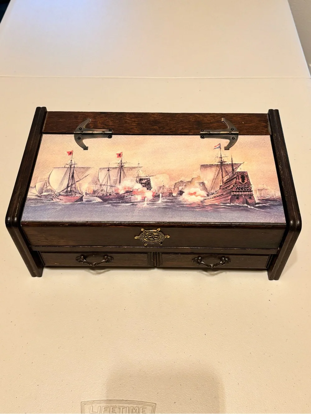 Vintage Wooden Jewelry Box with Nautical Sailing Ship Battle Scene Print on lid